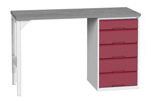 16921910.** verso pedestal bench with 5 drawer 525W cab & lino worktop. WxDxH: 1500x600x930mm. RAL 7035/5010 or selected
